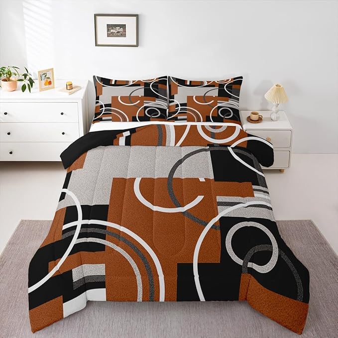 Geometric Swirls Comforter Set Brown Gray Black Duvet Insert Circles Rings Square Bedding Sets Striped Lines Down Comforter Modern Minimalist Quilted Duvet Chic Graphic Artwork Comforter, King Size