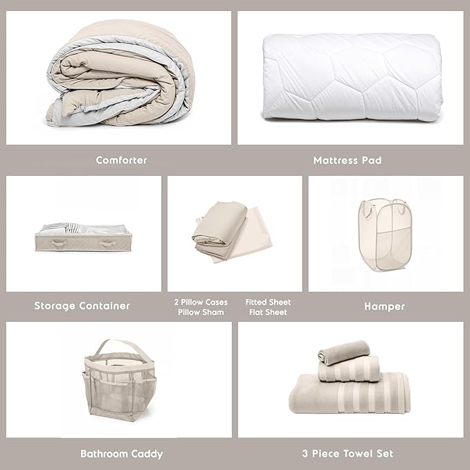 Hearth & Harbor Complete Dorm Room Set, Twin XL Comforter Set, Sheet Set, Mattress Protector, Towels and Organizers - All Dorm Accessories Included