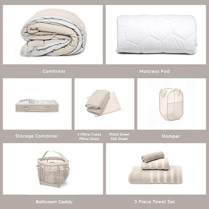 Hearth & Harbor Complete Dorm Room Set, Twin XL Comforter Set, Sheet Set, Mattress Protector, Towels and Organizers - All Dorm Accessories Included