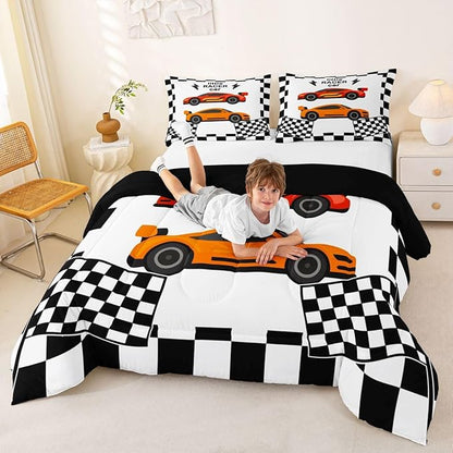 jejeloiu Boys Cartoon Racer Car Bedding Set Full Size Black White Checkerboard Comforter Set for Kids Red Orange Duvet Set Cute Car Quilt Set 3Pcs