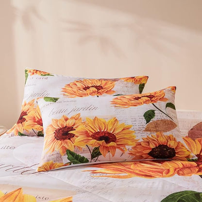 Sunflower Comforter Sets,Seamless Pattern with Hand Drawn Vibrant Yellow Watercolor Sunflowers on The Background,Decorative Bedding Comforter Sets with 2 Pillow Shams, Twin Size