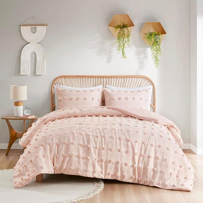 Intelligent Design Queen Comforter Set, Clipped Jacquard Comforter Set Chic Pompoms Accent, All Seasons Lightweight & Fluffy Comforter Bed Set with 2 Shams, Lucy, Full/Queen Pink 3 Piece