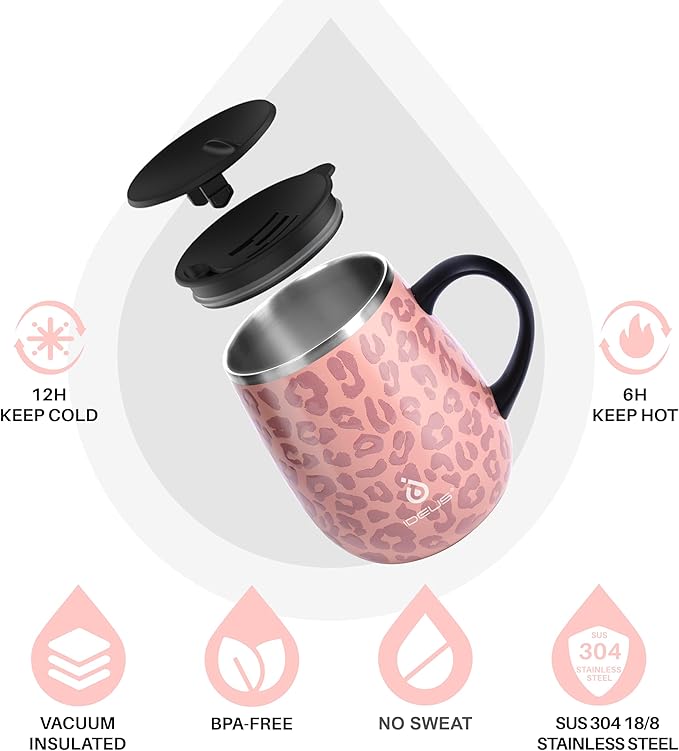 Ideus 16 oz (470 ml) Insulated Coffee Mug with Handle and Lid, Double Wall Stainless Steel Vacuum Thermal Coffee Mug, Travel Coffee Cup Thermal Cup for Home and Office, Leopard Pink