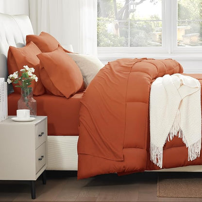 SunStyle Home Burnt Orange Full/Queen Comforter Set - 7 Pieces Bed in a Bag, Lightweight Goose Down Alternative Bedding Sets with All Season Comforter, 1 Flat Sheet, 1 Fitted Sheet, 4 Pillowcases