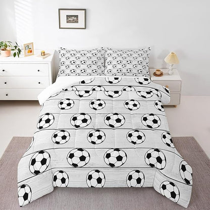 Manfei Soccer Comforter Set King Size, Football Sports Theme Bedding Set for Kids Boys Girls Room Decor, Grey Wooden Plank Down Comforter, Soft Polyester Quilt Set,2 Pillowcases