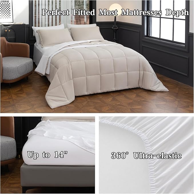 White Queen Comforter Set - 8 Piece Bed in a Bag All Season Luxury Bedding Sets with Reversible Microfiber Comforter, Bed Skirt, Flat Sheet, Fitted Sheet, Pillowcase and Pillow Sham