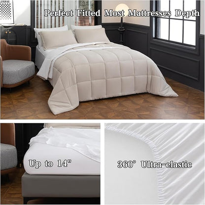 White Queen Comforter Set - 8 Piece Bed in a Bag All Season Luxury Bedding Sets with Reversible Microfiber Comforter, Bed Skirt, Flat Sheet, Fitted Sheet, Pillowcase and Pillow Sham