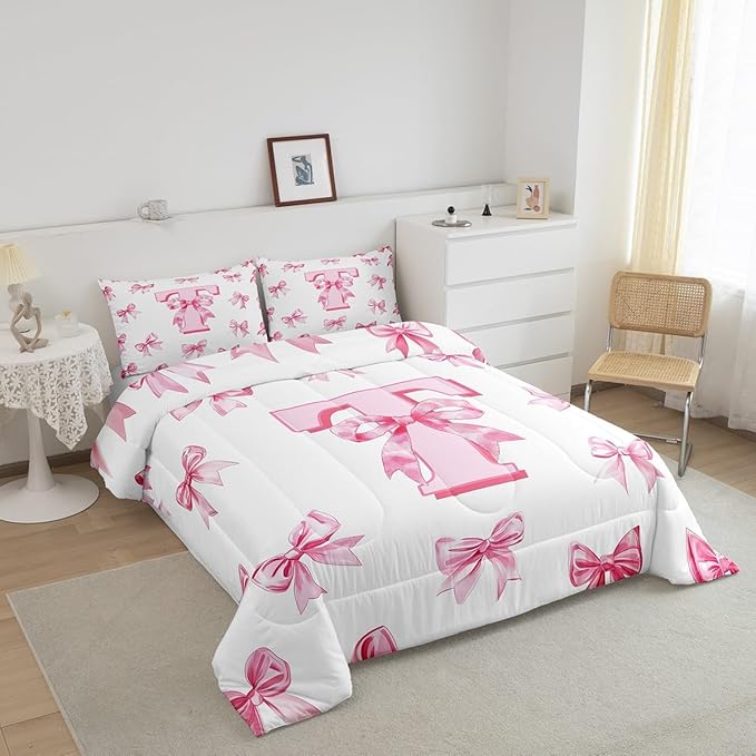 Erosebridal Kawaii Bowknot Girls Toddler Bedding Set Cute Initial Letter T Bow Bedding Comforter Sets Dreamy Princess Style Comforter Set for Kids Teen Women,Pink Chic Girly Bed Set Bedroom Decor