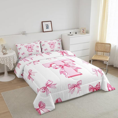 Erosebridal Kawaii Bowknot Girls Toddler Bedding Set Cute Initial Letter T Bow Bedding Comforter Sets Dreamy Princess Style Comforter Set for Kids Teen Women,Pink Chic Girly Bed Set Bedroom Decor
