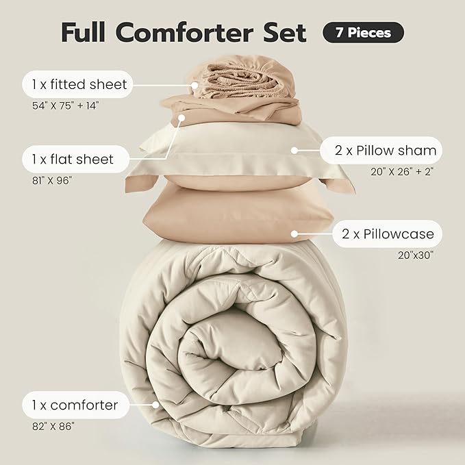 Joiedomi Full Size Comforter Set with Sheets Beige, 7 Pieces Full Size Bed Set with 1 Down Alternative Comforter, 1 Flat Sheet, 1 Fitted Sheet, 2 Pillowcases and 2 Pillow Shams, Bed in a Bag