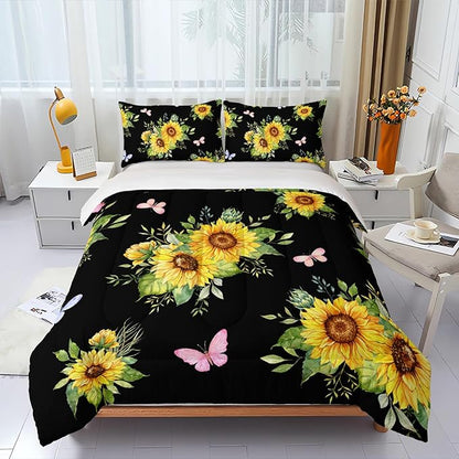 Black 3 Piece Sunflower Comforter Sets Twin Size, Farmhouse Floral Bedding Set for Girls Boys Adults,3 Piece Bed in A Bag, Ultra Soft Microfiber All Season Yellow Flower Bedding Set