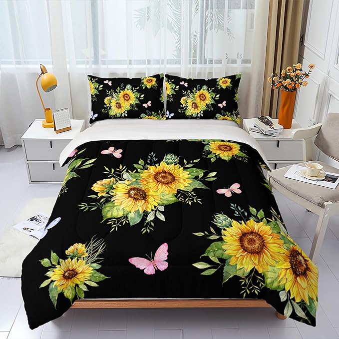 Black 3 Piece Sunflower Comforter Sets Queen Size, Farmhouse Floral Bedding Set for Girls Boys Adults,3 Piece Bed in A Bag, Ultra Soft Microfiber All Season Yellow Flower Bedding Set