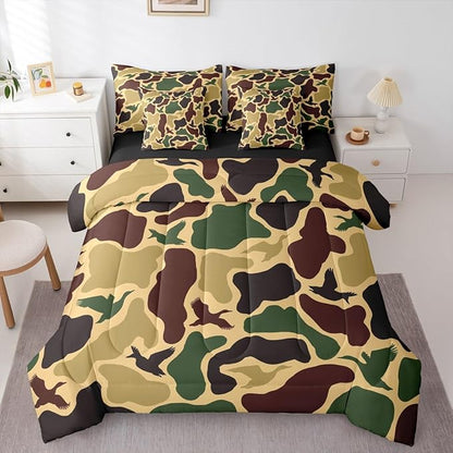 Erosebridal Camouflage Military 7 Piece Bedding Set Full Duck Hunting Comforter Set with Sheets Farmhouse Woodland Bed in a Bag Camo Huner Bed Sets Comforter