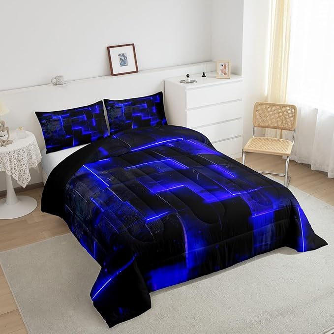 3D Geometric Bedding Set Queen Abstract Aesthetic Queen Comforter, Black and Navy Blue Duvet Insert Glowing Futuristic Cubes Quilt Comforter Neon Grid Bedding Comforters & Sets 3pcs (Black Reversible)