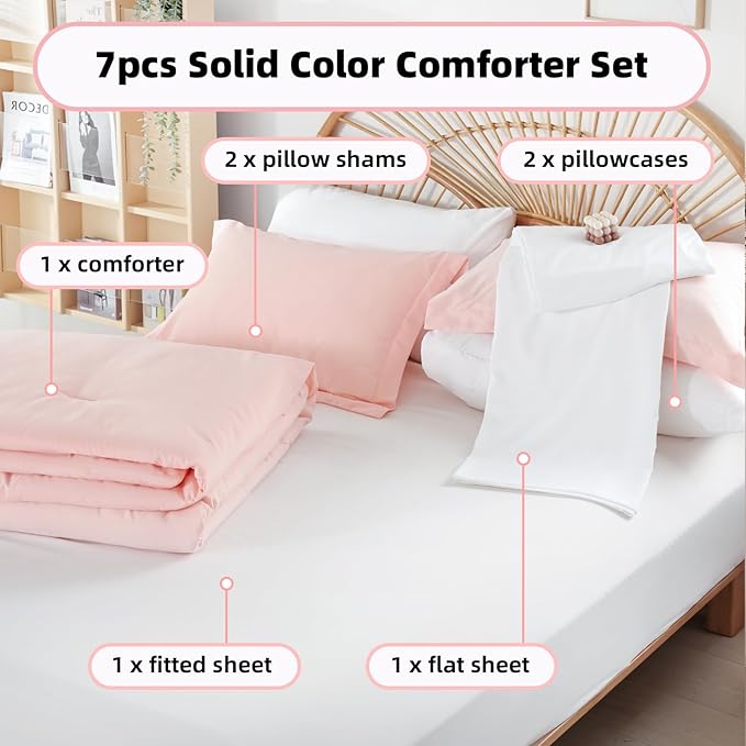 weigelia Queen Comforter Set Blush Pink Comforter Set 7 Pieces Comforters Queen Size Bedding Set with Flat Sheets, Fitted Sheet, Pillow Shams, Pillowcases for All Season