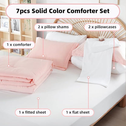 weigelia King Size Comforter Set 7 Pieces Blush Pink Comforter Set Soft Fluffy Bed in a Bag King Bedding Set with Sheets Pillow Shams and Pillowcases for All Season