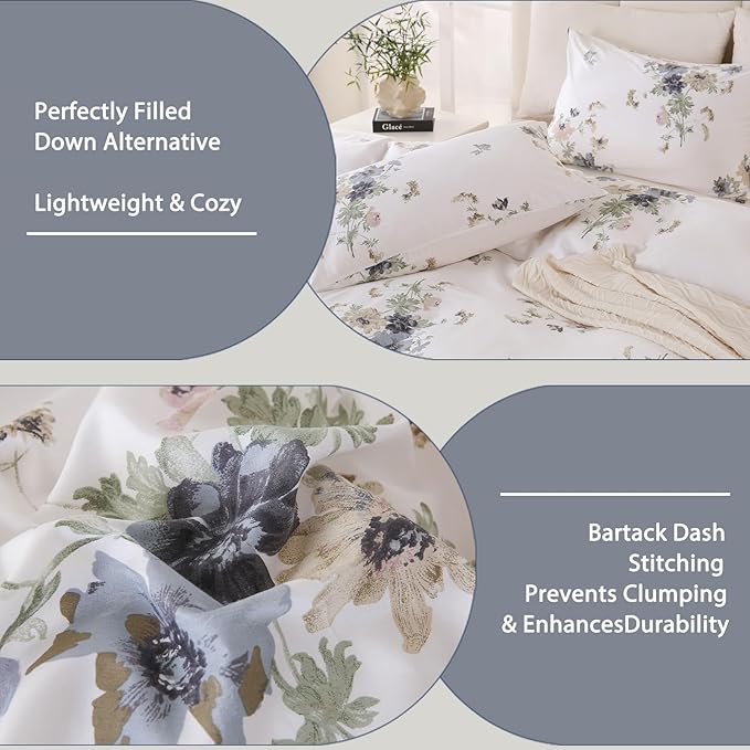 Floral Comforter King Size 100% Cotton Comforter with Blush Blue Floral 3 Pieces Vintage Botanical Bedding Sets Soft and Lightweight Comforter Set for All Seasons
