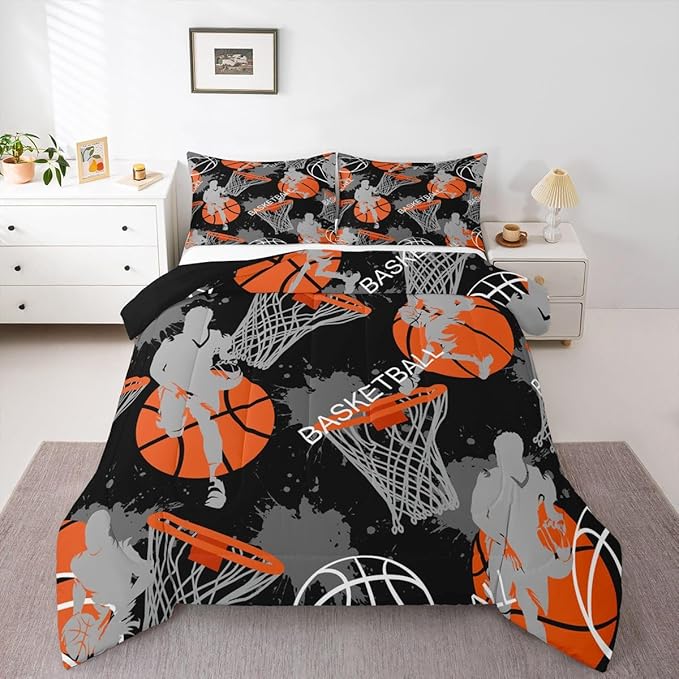 Erosebridal Boys Basketball Bedding Set Queen, Orange, 3D Basketball Quilt Set with 2 Pillowcases, Lightweight