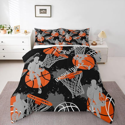 Erosebridal Sports Comforter Sets for Kids Boys Teens,King Size Black Basketball Bedding Set,3D Basketball Player Comforter Duvet Set,Ball Game Printed Quilt Set with 2 Pillowcases Warm