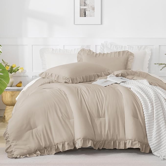 Andency Wheat Ruffle Comforter Set, 2 Pieces Kids Comforter Set Twin(66x90Inch), Farmhouse Shabby Chic Comforter Set, Soft Microfiber Kids Bedding Set