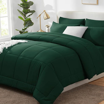 CozyLux Oversized Queen Comforter Sets Emerald Green, 7 Pieces Bed in a Bag, Ultra-Soft All Season Bedding Sets with Stitch Quilted Comforter, Flat Sheet, Fitted Sheet, Pillowcases, Emerald Green