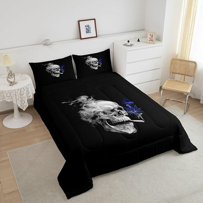 Erosebridal Smoky Skull Comforter Set Toddler,Teal Leaves Bedding for Kids Boys Girls Teens,Gothic Skeleton Down Comforter, Plant Tropical Botanical Bedding Comforter Sets