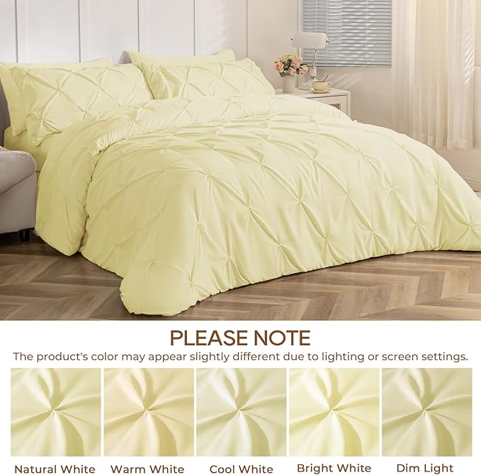 Sasttie Queen Comforter Set, 7-Piece Bed in a Bag, Pintuck Bedding Sets for All Season, Includes Comforter, Flat Sheet, Fitted Sheet, Pillowcases and Pillowshams, Cream Yellow