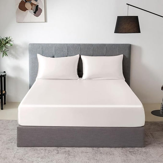 THXSILK 100% Mulberry Silk Fitted Sheet Set, 7A+ Silk 3 Pieces Bed Sheets, Breathable, Smooth, 16 Inch Deep Pocket Fitted Sheet, 2 Pillowcases - White, California King