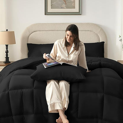 SunStyle Home Full/Queen Comforter Set - 7 Pieces Black Bed in a Bag, All Season Soft Comforters Queen Size Bedding Sets Includes 1 Comforter, 1 Flat Sheet, 1 Fitted Sheet, 4 Pillowcases