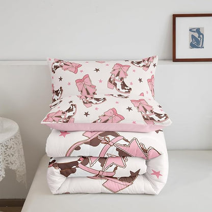 Feelyou Pink Western Bedding Set Cowgirl Cowboy Boots Comforter Set for Kids Boys Girls Teens Room Decor Cute Bowknot Dreamy Princess Style Comforter Full Size Stars Print Duvet Set 3Pcs