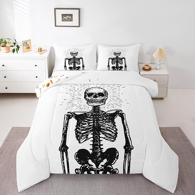 Erosebridal Halloween Skeleton Full Bedding Set, Gothic Skull Comforter Set for Kids Boys Teens Men Bedroom Decor, Spooky Halloween Comforter, Skull Quilt with 2 Pillowcases