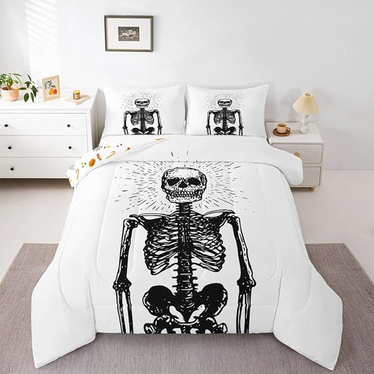 Erosebridal Halloween Skeleton Full Bedding Set, Gothic Skull Comforter Set for Kids Boys Teens Men Bedroom Decor, Spooky Halloween Comforter, Skull Quilt with 2 Pillowcases