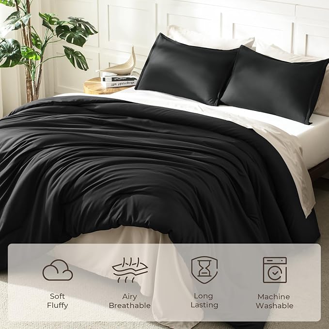 Litanika Comforters Black Oversized Queen Size, 3 Pieces Lightweight Solid Bedding Comforter Set, All Season Fluffy Bed Set (98x98In Comforter & 2 Pillowcases)