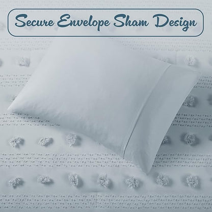 Intelligent Design Queen Comforter Set, Clipped Jacquard Comforter Set Chic Pompom Accent, All Seasons Lightweight & Fluffy Comforter Bed Set with 2 Shams, Lucy, Full/Queen, Blue 3 Piece