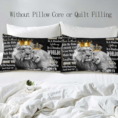 LUVIVIHOME 3PCS Lion Duvet Cover, Lion King Bedding Set, Black Duvet Cover, African Safari Animal Comforter Bedspread Quilt Cover, Couples Gifts, Romantic Gifts for Him, I Choose You, 2 Pillow Shams