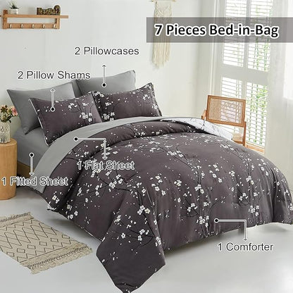 WONGS BEDDING Floral Cmomforter Set Queen,7 Pieces Bed in a Bag Comforter Reversible Flower Plum Bedding Set Queen Size（1 Comforter,2 Pillowcase,2 Pillow Shams,1 Flat Sheet,1 Fitted Sheet）
