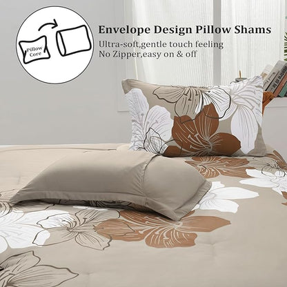Menghomeus Brown Comforter Set Queen Taupe Floral Comforter Khaki Botanical Bedding Sets, Soft Bed Comforter Set for All Season (1 Comforter, 2 Pillowcases)