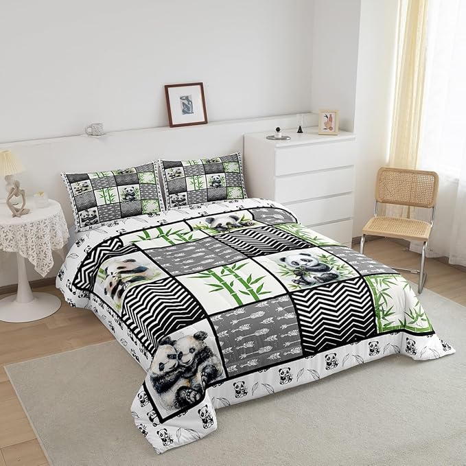 Kawaii Panda Full Size Comforter Sets for Kids Boys Girls,Green Botanical Leaves Bedding Sets Youth Men Bedroom Decor,Cartoon Bear Black White 3 Pieces Quilt Set,Splicing Geometric Duvet Insert