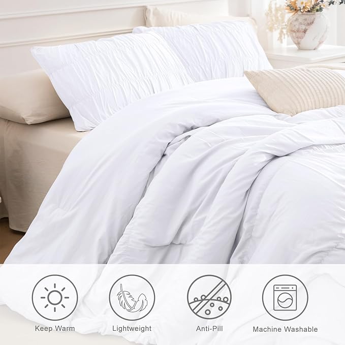 Masaca White Comforter Set King(106"x95"),Ruched Ruffle Bedding Comforter Lightweight 3 Piece Vintage Ultra Soft Luxury Shabby Boho Chic Cal King Bedding (1 White Comforter+2 Pillowcases)