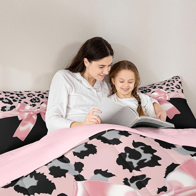jejeloiu Pink Silk Bowknot Duvet Cover King Size Grey Leopard Bedding Set for Kids Girls Women Black Pink Comforter Cover Set Sweet Romantic Bedspread Cover 3Pcs