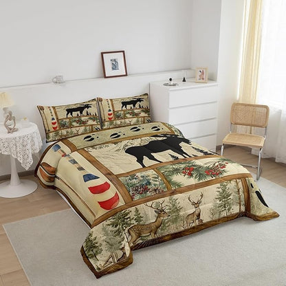 Retro Cabin Lodge Decor Comforter Set Queen, Rustic Farmhouse Moose Bedding Comforter Sets, Lake House Decor Paddle Bedding, Woodland Pine Tree Down Comforter, Buffalo Plaid Quilt with 2 Pillowcases