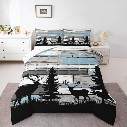 Feelyou Deer Comforter Set for Girls Boys Kids Deer Hunting Bedding Set Room Decorative Western Rustic Forest Animal Print Bedding Set Canbin Deer Brown Duvet Set Full Size 3pcs Quilt Set