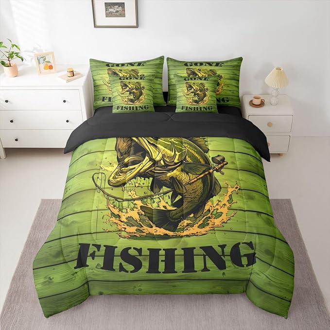 Erosebridal Big Pike Fish Hunting Green 7 Piece Bedding Set Twin | Wooden Print Underwater Comforter Set with Sheets Underwater Ombre Kids Boys Teens Bed in A Bag Vintage Retro Bed Sets