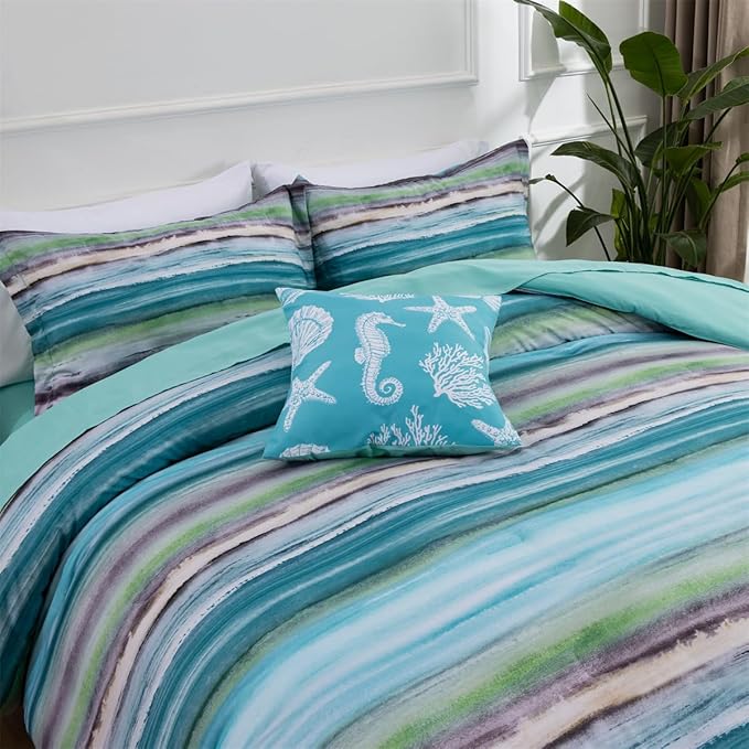 Holawakaka Beach Stripe Bedding Sets 6 Pieces, Aqua Coastal Striped Comforter Set Queen Size All Season Geometric Bed Set, Nautical Bed in a Bag with Comforter, Sheets and Shams