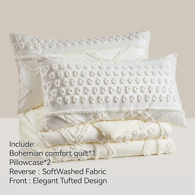 Boho King Comforter Set Beige with Sheets, 3 Pieces Tufted King Comforter Sets Boho Bedding Cream Soft Warm Neutral Comforter Sets for All Seasons