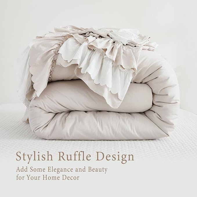Herside Beige Ruffle Comforter Set Queen Size,Boho Shabby Chic Bedding Sets, Soft Fluffy Comforters Sets for All Season,Vintage Ruffled 3 Pcs Microfiber Lightweight Quilt Set Gift for Women Girls