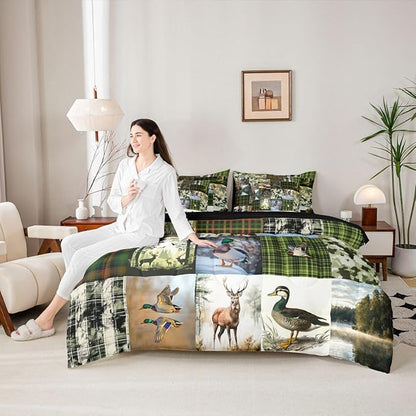 Erosebridal Cabin Rustic 7-Piece Comforter Set Full Bed in a Bag | Deer Mallard Duck Bedding Sets Mens Camo Hunting Comforter and Sheet Set, Woodland Animals Farmhouse Room Decor,Country Decor