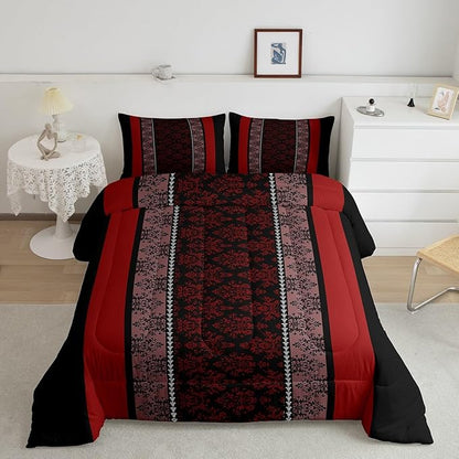 jejeloiu Adult Classic Jacquard Bedding Set King Size Damask Pattern Comforter Set for Boys Girls Black Red Stripe Duvet Set Baroque Quilt Set 3Pcs
