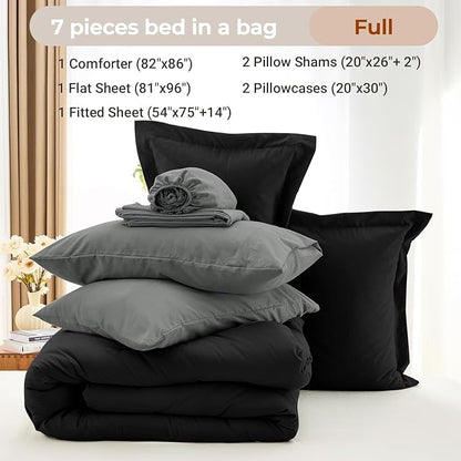 MUXHOMO 7 Pieces Full Comforter Set, Soft Bed in a Bag Full Size, All Season Bedding Set with Comforter, Flat Sheet, Fitted Sheet, Pillowcases & Shams, Black & Grey