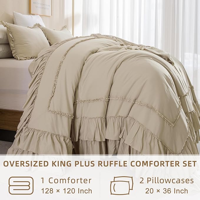 QSH Wheat Oversized California King Bed Comforter Set 128x120, Farmhouse Shabby Vintage Bedding Comforter with Ruffles French Country Comforter Soft Microfiber Fluffy Bedding 3 PCs